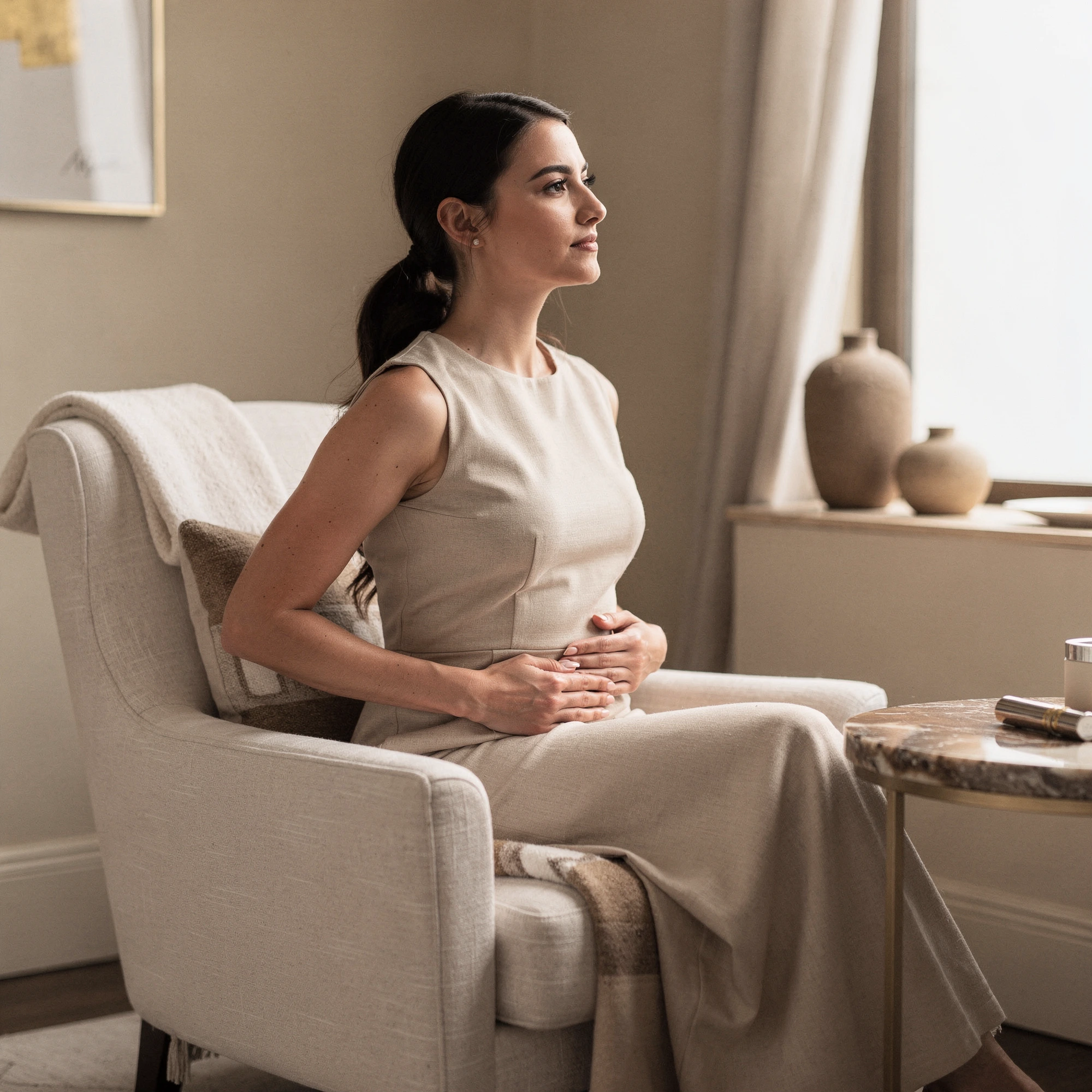 Woman seated in a neutral studio setting, hands on abdomen, considering breast implant removal